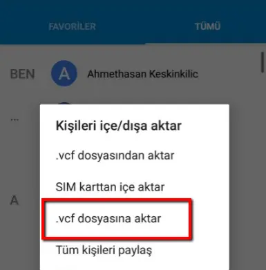 .vcf dosyasına aktar