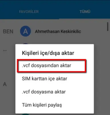 .vcf dosyasından aktar