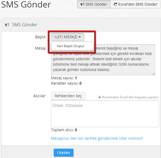 Toplu SMS gönderme ekranı başlık seçimi