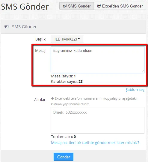 iletimerkezi web paneli sms mesaji yazma ekrani