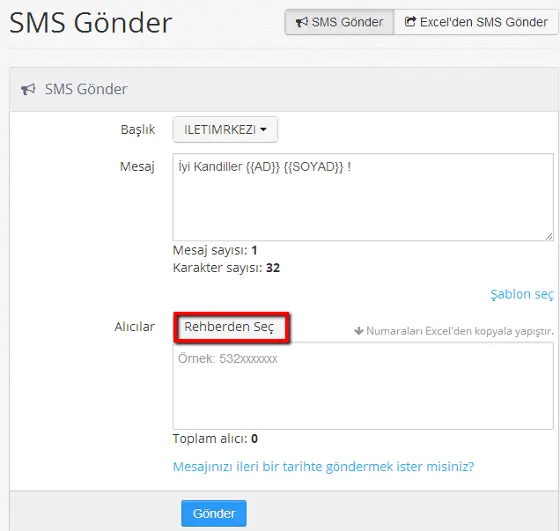 iletimerkezi web ekrani rehberden sms gonderme
