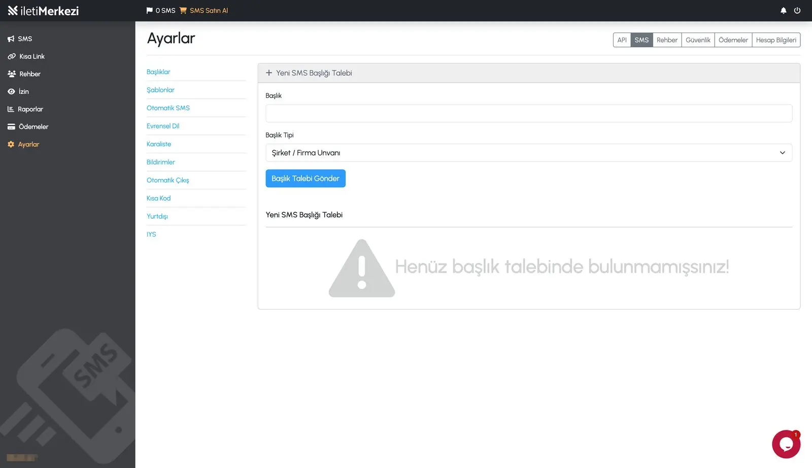 Panelde yeni SMS başlığı talebi oluşturma ekranı