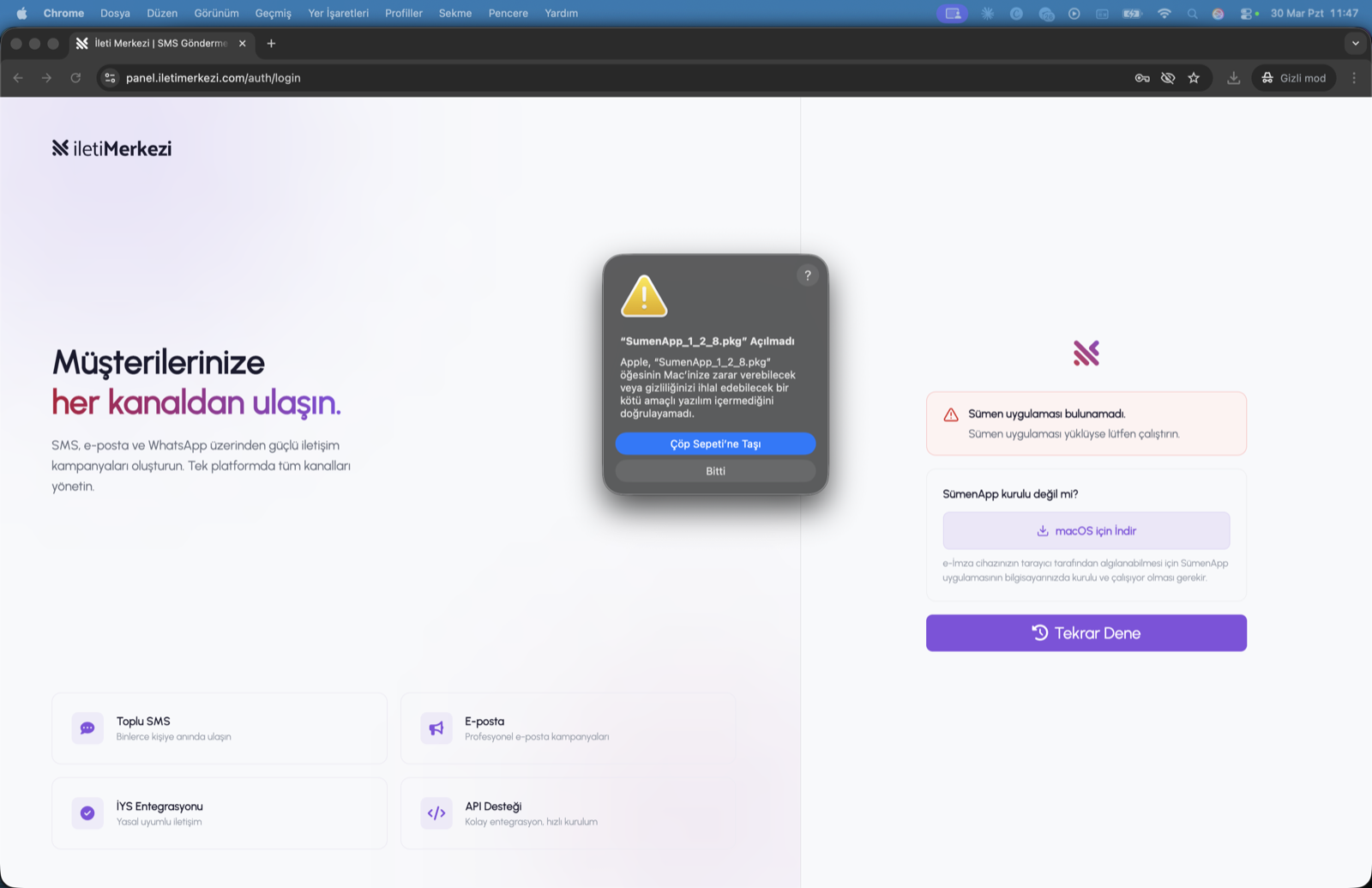 macOS üzerinde SumenApp paketinin doğrulanamadığını gösteren ilk güvenlik uyarısı