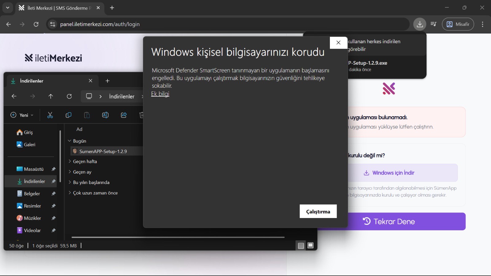 Windows Defender SmartScreen ekranında Ek bilgi ve Çalıştırma onayı