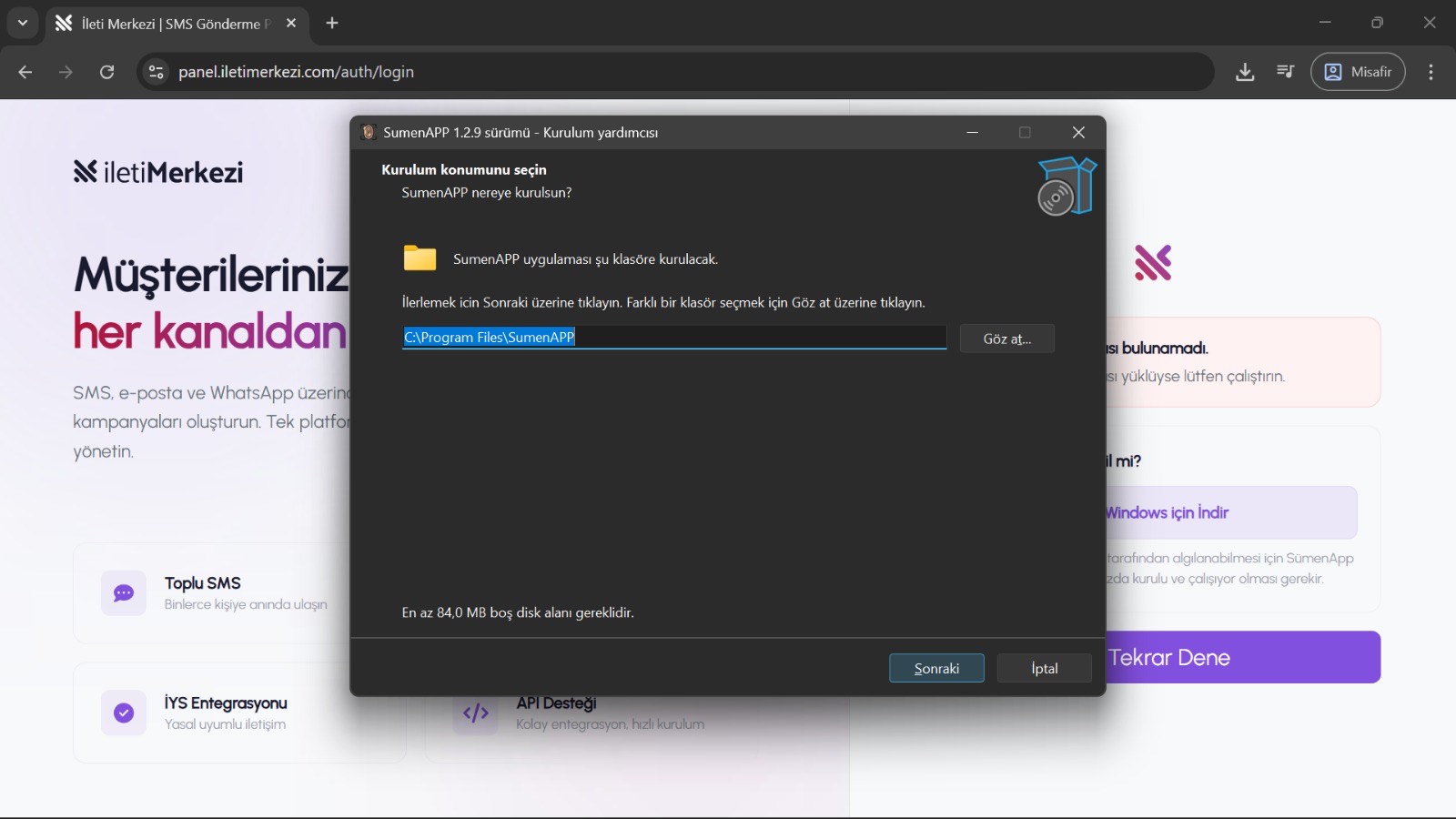 Windows üzerinde SümenApp kurulum sihirbazı ekranı