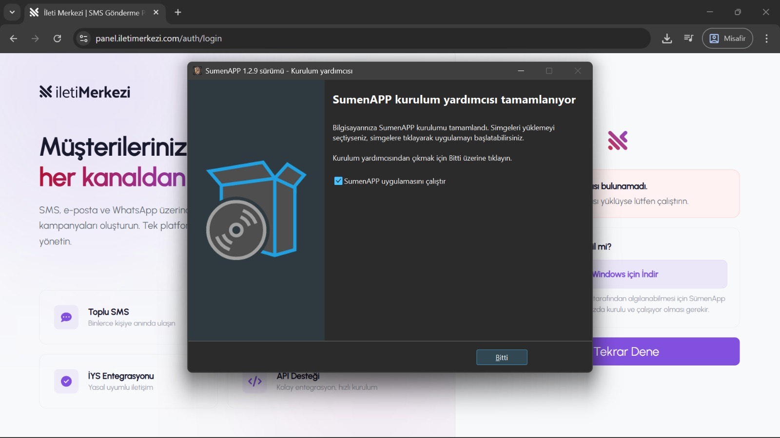 Windows üzerinde SümenApp kurulumunun tamamlandığını gösteren son ekran