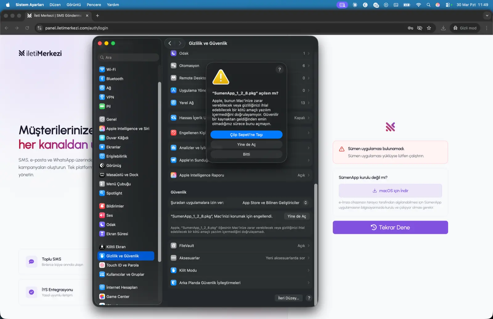 macOS son güvenlik onay penceresinde SumenApp paketine açma izni verilmesi