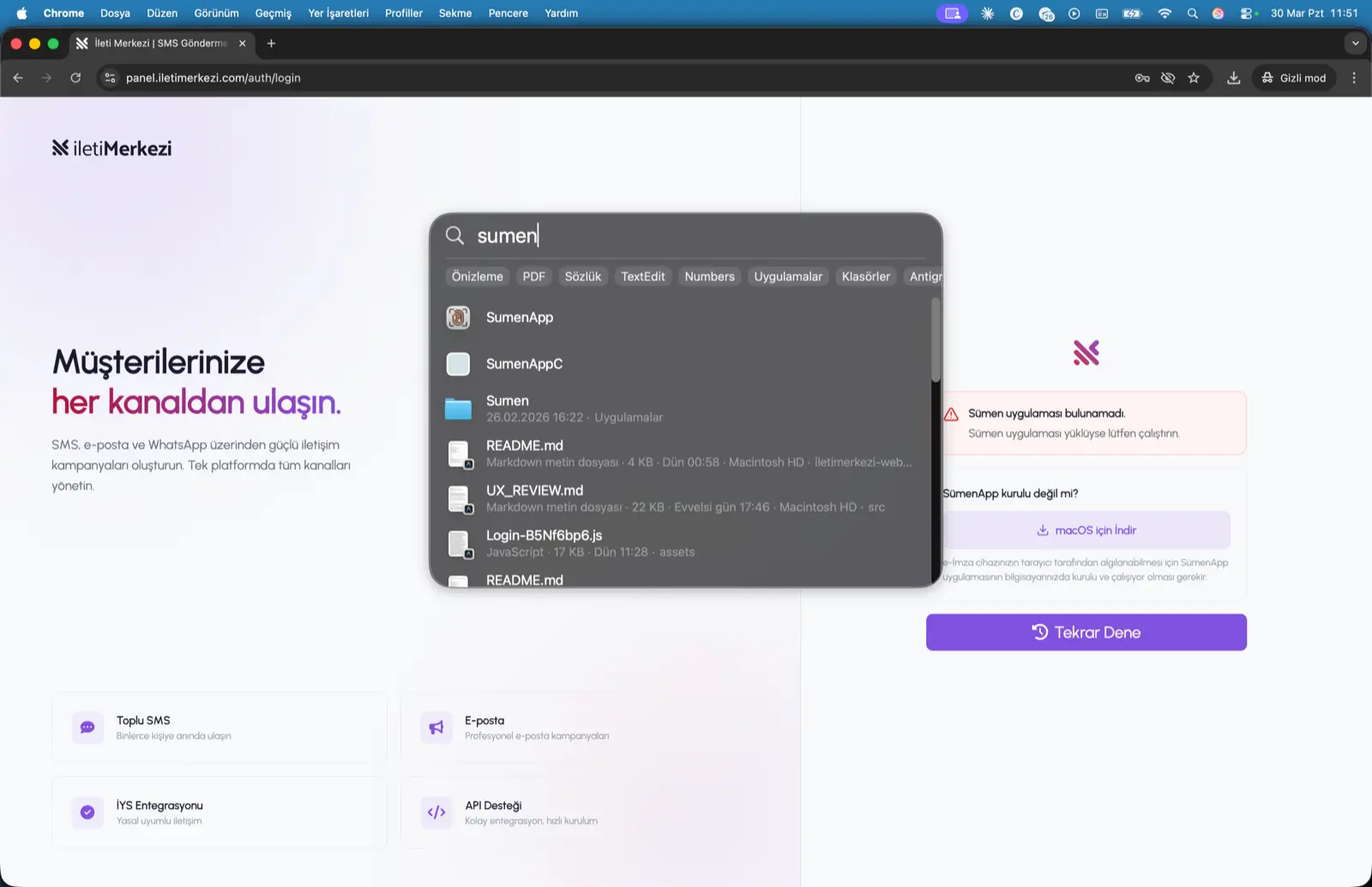Spotlight aramasında SumenApp uygulamasının bulunup çalıştırılması