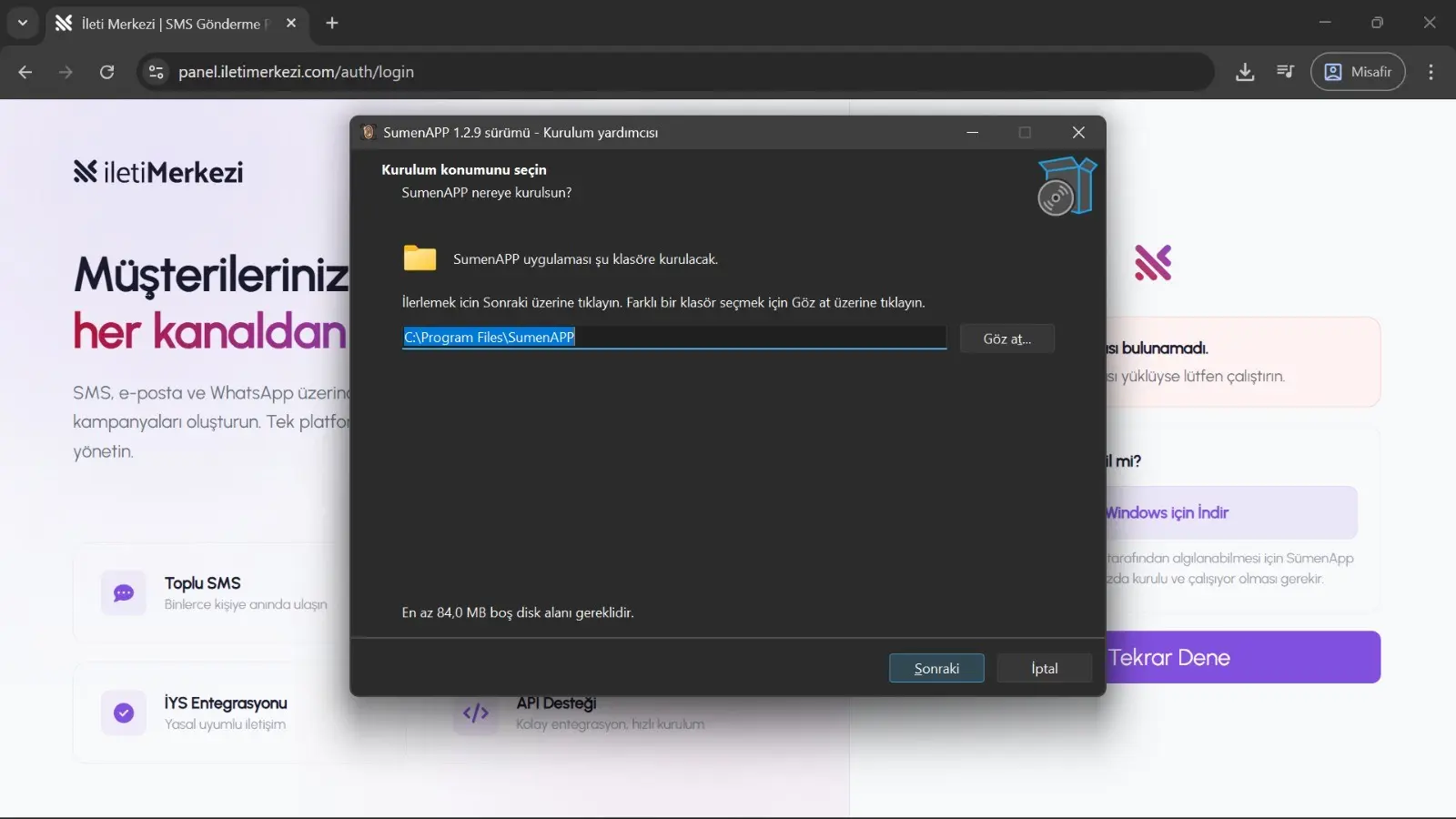 Windows üzerinde SümenApp kurulum sihirbazı ekranı